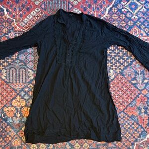 Olian Black Long-Sleeve Lace-Trim Tunic Top